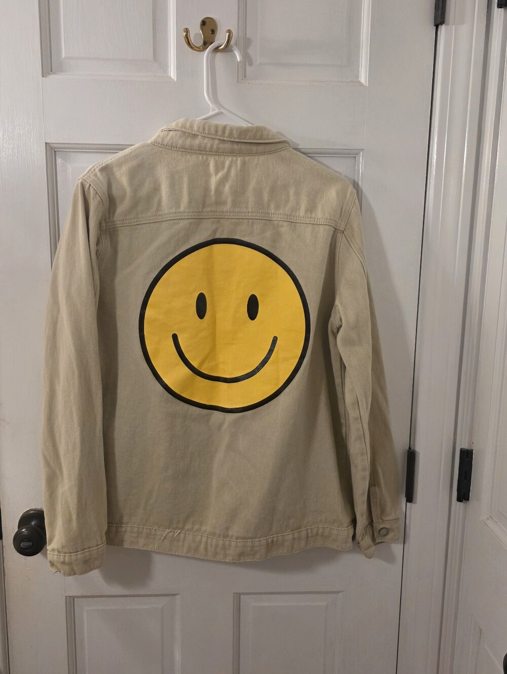 Fantastic Fawn Beige Jean Jacket with Yellow Smiley Back